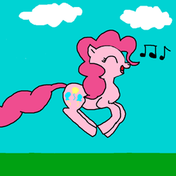 Size: 2000x2000 | Tagged: safe, artist:blazewing, pinkie pie, earth pony, pony, g4, atg 2021, cloud, colored background, drawpile, eyes closed, female, grass, high res, mare, music notes, newbie artist training grounds, open mouth, open smile, outdoors, ponk, pronking, singing, smiling, solo