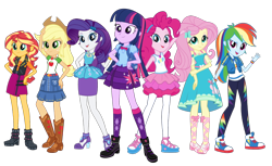 Size: 640x391 | Tagged: safe, artist:princeshiningarmormlp, applejack, fluttershy, pinkie pie, rainbow dash, rarity, sunset shimmer, twilight sparkle, alicorn, human, equestria girls, g4, my little pony equestria girls: better together, clothes, converse, geode of empathy, geode of shielding, geode of sugar bombs, geode of super speed, geode of super strength, hand on hip, humane five, humane seven, humane six, jacket, magical geodes, pantyhose, rah rah skirt, rarity peplum dress, shoes, simple background, skirt, sneakers, transparent background, twilight sparkle (alicorn), vector