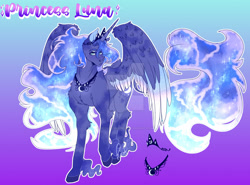 Size: 1920x1423 | Tagged: safe, artist:hazelthedevil, princess luna, alicorn, pony, g4, collar, crown, ethereal mane, fluffy, galaxy mane, glowing mane, jewelry, moon, redesign, regalia, sparkles, starry mane