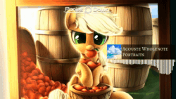 Size: 1920x1080 | Tagged: safe, applejack, earth pony, pony, g4, absurd file size, animated, apple, barrel, basket, cute, female, food, jackabetes, lyrics in the description, mare, mouth hold, music, solo, song, sound, webm, youtube link