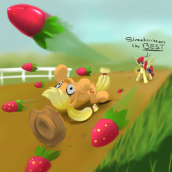 Size: 2000x2000 | Tagged: safe, artist:darksly, applejack, strawberry sunrise, earth pony, pegasus, pony, g4, honest apple, bullet time, dodge, duo, duo female, female, food, fruit, gun, high res, mare, minigun, newbie artist training grounds, slow motion, spread wings, strawberry, strawberry savage, the matrix, weapon, wings