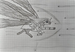 Size: 1024x711 | Tagged: safe, artist:hofdawn, oc, oc only, pegasus, pony, armor, bullet, charging, doodle, graph paper, helmet, male, newbie artist training grounds, pegasus oc, solo, traditional art