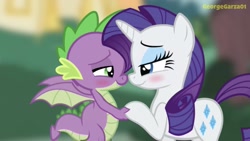 Size: 2048x1152 | Tagged: safe, artist:georgegarza01, rarity, spike, dragon, pony, unicorn, g4, blushing, cute, female, looking at each other, looking into each others eyes, love, male, romantic, ship:sparity, shipping, show accurate, straight, winged spike, wings