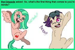 Size: 508x342 | Tagged: safe, artist:hollllow, oc, oc only, earth pony, pegasus, pony, :d, ask, duo, earth pony oc, open mouth, pegasus oc, smiling, underhoof