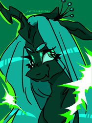 Size: 640x853 | Tagged: safe, artist:saffsketches, queen chrysalis, changeling, changeling queen, g4, bust, crown, female, jewelry, mare, regalia, simple background, smiling, solo, wingding eyes