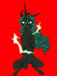 Size: 640x853 | Tagged: safe, artist:saffsketches, queen chrysalis, changeling, changeling queen, g4, crown, fangs, female, jewelry, looking at camera, looking at you, mare, red background, regalia, simple background, sitting, solo