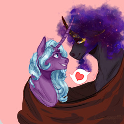 Size: 1280x1280 | Tagged: safe, artist:lambentmlp, idw, king sombra, radiant hope, pony, umbrum, unicorn, g4, alternate design, cloak, clothes, crossed horns, female, horn, horns are touching, looking at each other, male, mare, ship:hopebra, shipping, simple background, stallion, straight
