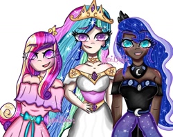 Size: 1080x856 | Tagged: safe, alternate version, artist:_jytte.draw_, princess cadance, princess celestia, princess luna, human, g4, background removed, clothes, dark skin, dress, ethereal mane, eye clipping through hair, eyelashes, female, hand on hip, humanized, jewelry, open mouth, signature, simple background, starry mane, tiara, white background