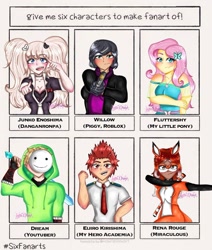 Size: 1080x1271 | Tagged: safe, artist:_jytte.draw_, fluttershy, butterfly, fox, human, equestria girls, g4, alya césaire, blushing, bust, clothes, costume, crossover, danganronpa, dream (youtuber), eijirou kirishima, eyelashes, female, fist pump, gloves, gun, hairclip, hoodie, junko enoshima, male, mask, miraculous ladybug, my hero academia, necktie, open mouth, pointing, rena rouge, roblox, signature, six fanarts, smiling, sword, weapon
