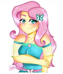 Size: 1080x1269 | Tagged: safe, alternate version, artist:_jytte.draw_, fluttershy, butterfly, equestria girls, g4, my little pony equestria girls: better together, blushing, breasts, bust, busty fluttershy, cleavage, clothes, eyelashes, female, hairclip, signature, simple background, smiling, solo, sparkly hair, white background