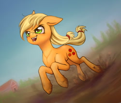 Size: 700x600 | Tagged: safe, artist:zetamad, applejack, earth pony, pony, g4, female, floppy ears, hatless, mare, missing accessory, mud, open mouth, running, solo