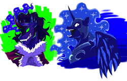 Size: 1280x818 | Tagged: safe, artist:ghost-wants-murder, king sombra, nightmare moon, alicorn, pony, umbrum, unicorn, g4, armor, bust, cape, clothes, crown, fangs, female, jewelry, looking at you, male, mare, regalia, simple background, stallion, white background