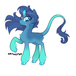 Size: 1280x1280 | Tagged: safe, artist:renhorse, oc, oc only, pony, unicorn, adoptable, broken horn, cloven hooves, crying, female, horn, leonine tail, mare, solo