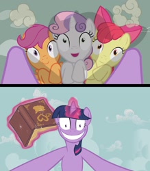 Size: 1280x1464 | Tagged: safe, edit, edited screencap, screencap, apple bloom, scootaloo, sweetie belle, twilight sparkle, earth pony, pegasus, pony, unicorn, g4, hearts and hooves day (episode), season 2, awkward, book, cutie mark crusaders, female, femdom, femsub, filly, hearts and hooves day, imminent foalcon, imminent rape, imminent sex, insane face, insanity, mare, rapeface, submissive, this will end in jail time, this will end in tears, twilight is a foal fiddler, twilight snapple