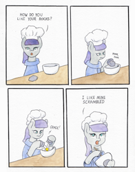 Size: 764x973 | Tagged: safe, artist:lost marbles, maud pie, earth pony, pony, g4, atg 2021, bowl, chef's hat, comic, cooking, hat, newbie artist training grounds, rock, simple background, traditional art, white background