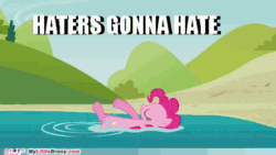 Size: 480x270 | Tagged: safe, edit, edited screencap, screencap, pinkie pie, earth pony, pony, g4, season 3, too many pinkie pies, animated, cartoon physics, eyes closed, female, haters gonna hate, mare, meme, my little brony, pinkie being pinkie, solo, swimming