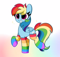 Size: 4096x3890 | Tagged: safe, artist:kittyrosie, rainbow dash, pegasus, pony, g4, backwards cutie mark, blushing, clothes, cute, dashabetes, gradient background, rainbow socks, socks, solo, striped socks