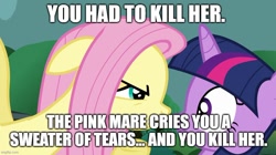 Size: 888x499 | Tagged: safe, artist:megalobronia, edit, edited screencap, screencap, fluttershy, twilight sparkle, g4, magic duel, season 3, caption, dying for pie, floppy ears, glare, image macro, imgflip, implied crying, implied pinkie pie, meme, roleplay in the comments, spongebob squarepants, text, tranquil fury