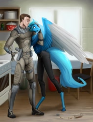 Size: 1680x2210 | Tagged: safe, artist:darkcat613, oc, oc only, oc:graceful glide, oc:mark hendricks, human, pegasus, anthro, unguligrade anthro, fall of equestria, armor, blood, colored wings, comforting, crying, duo, female, gun, hug, mare, rise of equestria, story in the source