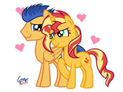 Size: 1280x960 | Tagged: safe, artist:gregory-the-griffon, artist:parclytaxel, flash sentry, sunset shimmer, pegasus, pony, unicorn, g4, duo, female, heart, male, mare, ship:flashimmer, shipping, simple background, stallion, straight, transparent background