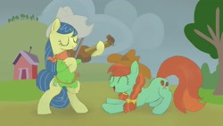 Size: 2000x1125 | Tagged: safe, artist:mandumustbasukanemen, candy apples, fiddlesticks, earth pony, pony, g4, apple family member, bipedal, building, clothes, cowboy hat, cute, dancing, duo, fiddle, hat, musical instrument, standing on two hooves, tree