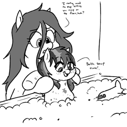 Size: 1200x1200 | Tagged: safe, artist:pony quarantine, oc, oc only, oc:anon-mare, oc:anonogee, earth pony, pegasus, pony, bath, bath time, bathtub, black and white, dirty, duo, female, filly, freckles, grayscale, magical lesbian spawn, mare, monochrome, mother and child, mother and daughter, offspring, parent:oc:apogee, parent:oc:filly anon, parents:oc x oc, simple background, white background