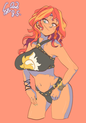 Size: 1400x2000 | Tagged: safe, artist:sozglitch, sunset shimmer, equestria girls, belly button, big breasts, bikini, breasts, busty sunset shimmer, clothes, female, red background, simple background, solo, swimsuit