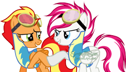 Size: 1222x699 | Tagged: safe, artist:pegasski, artist:s-oujiisan, oc, oc only, oc:cherry flames, oc:firefoot, pegasus, pony, base used, clothes, female, goggles, mare, simple background, transparent background, uniform, watermark, wonderbolt trainee uniform