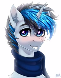 Size: 3000x3800 | Tagged: safe, artist:hakaina, oc, oc only, oc:solar gizmo, pony, unicorn, blushing, clothes, high res, looking at you, male, scarf, simple background, smiling, stallion, white background