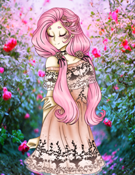 Size: 1172x1514 | Tagged: safe, artist:jvartes6112, fluttershy, human, g4, clothes, dress, eyes closed, female, flower, humanized, outdoors, smiling, solo
