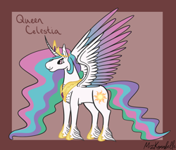 Size: 1750x1500 | Tagged: safe, artist:misskanabelle, princess celestia, alicorn, pony, g4, abstract background, feathered fetlocks, female, horn, jewelry, mare, peytral, signature, solo, story included, tiara, wings