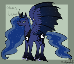 Size: 1750x1500 | Tagged: safe, artist:misskanabelle, princess luna, alicorn, bat pony, bat pony alicorn, pony, g4, abstract background, bat wings, ethereal mane, female, hoof fluff, horn, hybrid wings, mare, peytral, signature, solo, starry mane, story included, wings