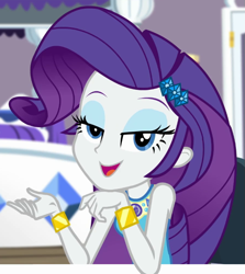 Size: 597x669 | Tagged: safe, screencap, rarity, camping must-haves, equestria girls, g4, spoiler:eqg series (season 2), cropped, looking at you, rarity peplum dress, solo