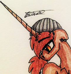 Size: 1782x1838 | Tagged: safe, artist:beamybutt, oc, oc only, pony, unicorn, beanie, bust, hat, horn, looking back, signature, solo, traditional art, unicorn oc