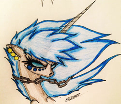 Size: 2410x2059 | Tagged: safe, artist:beamybutt, oc, oc only, oc:moonbeam, pony, unicorn, bust, chains, ear piercing, eyelashes, female, high res, horn, mare, piercing, signature, solo, traditional art, unicorn oc