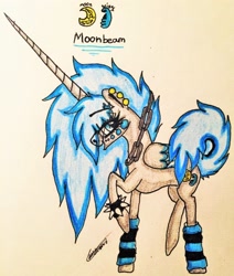 Size: 2316x2732 | Tagged: safe, artist:beamybutt, oc, oc only, oc:moonbeam, alicorn, pony, alicorn oc, chains, ear piercing, female, high res, horn, leg warmers, mare, piercing, signature, solo, spiked wristband, traditional art, wings, wristband