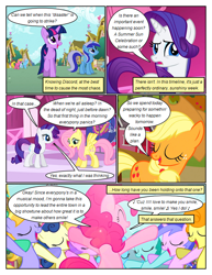 Size: 612x792 | Tagged: safe, artist:newbiespud, edit, edited screencap, screencap, amethyst star, applejack, bon bon, carrot top, cherry berry, cloud kicker, fluttershy, golden harvest, linky, lyra heartstrings, minuette, pinkie pie, rarity, sea swirl, seafoam, shoeshine, sparkler, spring melody, sprinkle medley, sweetie drops, twilight sparkle, earth pony, pegasus, pony, unicorn, comic:friendship is dragons, a friend in deed, g4, green isn't your color, magical mystery cure, applejack's hat, background pony, bipedal, building, comic, cowboy hat, eyelashes, eyes closed, hat, horn, looking back, morning in ponyville, open mouth, outdoors, screencap comic, singing, smile song, smiling, speech bubble, unicorn twilight, wings