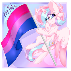 Size: 1280x1280 | Tagged: safe, artist:ladylullabystar, oc, oc only, oc:lullaby star, alicorn, pony, bisexual pride flag, female, flag, holding a flag, mare, pride, pride flag, solo
