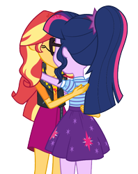 Size: 600x757 | Tagged: safe, artist:jcpreactyt, sci-twi, sunset shimmer, twilight sparkle, equestria girls, g4, clothes, eyes closed, female, hair, hair tie, hug, jacket, kissing, lesbian, ponytail, ship:sci-twishimmer, ship:sunsetsparkle, shipping, shirt, simple background, skirt, transparent background, vector