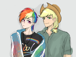 Size: 2666x2000 | Tagged: safe, artist:菜c, applejack, rainbow dash, human, g4, applejack (male), applejack's hat, clothes, cowboy hat, gay, hat, high res, humanized, jacket, jewelry, male, necklace, rainbow blitz, rule 63, ship:appledash, ship:blitzjack, shipping, translated in the comments