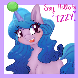 Size: 2048x2048 | Tagged: safe, artist:mlpclovertheclever, izzy moonbow, pony, unicorn, g5, ball, blushing, chest fluff, cute, eyelashes, female, high res, horn, horn guard, horn impalement, hornball, izzy's tennis ball, izzybetes, looking at you, mare, open mouth, solo, tennis ball, text