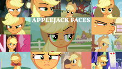 Size: 1280x721 | Tagged: safe, edit, edited screencap, editor:quoterific, screencap, applejack, pinkie pie, earth pony, pony, apple family reunion, applebuck season, dragon dropped, dragonshy, g4, grannies gone wild, leap of faith, look before you sleep, made in manehattan, no second prances, party of one, the last laugh, three's a crowd, trade ya!, angry, apple, applejack is best facemaker, applejack is not amused, applejack's hat, cowboy hat, cute, derp, derp face, duo, duo female, eyes closed, faic, female, floppy ears, food, golden oaks library, grin, hat, jackabetes, madorable, open mouth, smiling, solo focus, sweet apple acres, throne, tree, twilight's castle, unamused, wavy mouth