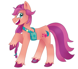 Size: 1082x958 | Tagged: safe, artist:chocolate--cake, sunny starscout, earth pony, pony, g5, badge, bag, braid, coat markings, cute, female, hoof fluff, looking at you, mare, open mouth, raised hoof, simple background, socks (coat markings), solo, sunnybetes, transparent background, unshorn fetlocks