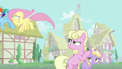 Size: 1920x1080 | Tagged: safe, screencap, dinky hooves, fluttershy, millie, rainbow dash, earth pony, pegasus, pony, unicorn, flutter brutter, g4, season 6, angry, background pony, bipedal, covering ears, female, filly, glare, mare