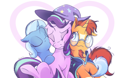 Size: 3415x2160 | Tagged: safe, artist:draft the filmmaker, starlight glimmer, sunburst, trixie, pony, unicorn, accessory swap, bisexual, blaze (coat marking), cheek kiss, chest fluff, cloak, clothes, coat markings, cuddly, eyes closed, facial markings, female, glasses, happy, hat, heart, high res, kissing, lesbian, lesbian in front of boys, male, mare, polyamory, shipping, simple background, smiling, socks (coat markings), stallion, starburst, startrix, startrixburst, straight, sunburst's cloak, sunburst's glasses, trixburst, white background