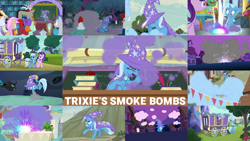 Size: 1280x720 | Tagged: safe, edit, edited screencap, editor:quoterific, screencap, clever musings, cool beans, discord, gallus, log jam, ocellus, peppermint goldylinks, slate sentiments, smolder, starlight glimmer, strawberry scoop, summer meadow, sunny song, terramar, trixie, violet twirl, bird, changeling, cockatrice, draconequus, pegasus, pony, unicorn, a horse shoe-in, magic duel, road to friendship, to where and back again, angry, apple, bipedal, brooch, cape, clothes, collage, coughing, eyes closed, female, food, friendship student, hat, jewelry, male, night, open mouth, running, sitting, smoke bomb, teeth, trixie's brooch, trixie's cape, trixie's hat