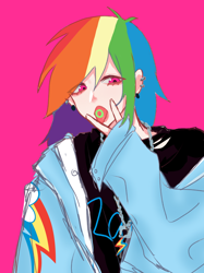 Size: 1042x1390 | Tagged: safe, artist:菜c, rainbow dash, human, g4, clothes, cutie mark, cutie mark on clothes, ear piercing, humanized, jacket, jewelry, necklace, piercing, solo, tongue out, tongue piercing