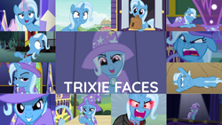 Size: 1280x721 | Tagged: safe, edit, edited screencap, editor:quoterific, screencap, trixie, pony, unicorn, g4, magic duel, no second prances, road to friendship, season 3, season 6, season 8, to where and back again, amulet, angry, bag, brooch, cape, clothes, collage, cupcake, cute, diatrixes, evil trixie, female, floppy ears, food, glowing eyes, glowing horn, hat, horn, jewelry, lip bite, magic, magic aura, mouth hold, night, open mouth, saddle bag, sandwich, school of friendship, shocked, solo, teeth, trixie is not amused, trixie's brooch, trixie's cape, trixie's hat, twilight's castle, unamused