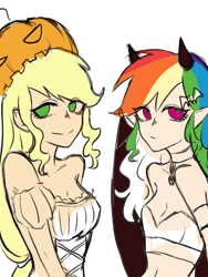 Size: 1080x1440 | Tagged: safe, artist:菜c, applejack, rainbow dash, demon, human, g4, :/, bare shoulders, belly button, clothes, collar, colored sketch, costume, demon horns, demon wings, dress, elf ears, female, hairclip, halloween, hat, holiday, humanized, lesbian, midriff, pumpkin hat, ship:appledash, shipping, sleeveless, smiling, strapless, translated in the comments, wings