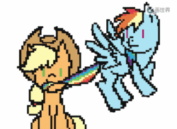 Size: 720x528 | Tagged: safe, artist:菜c, applejack, rainbow dash, earth pony, pegasus, pony, g4, animated, chewing, cute, eating, female, flying, gif, lesbian, pixel art, ship:appledash, shipping, taste the rainbow, translated in the comments